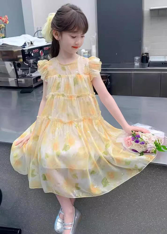 Yellow O-neck Ruffled Chiffon Long Dress Summer Tt021