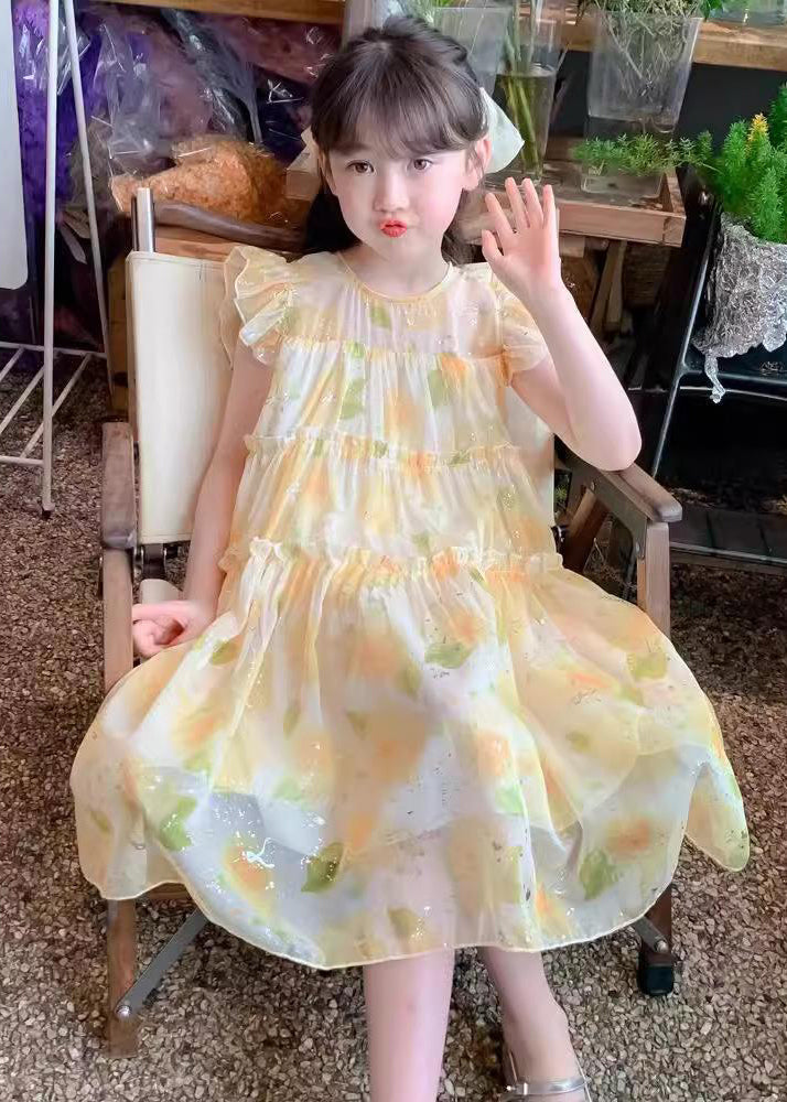 Yellow O-neck Ruffled Chiffon Long Dress Summer Tt021