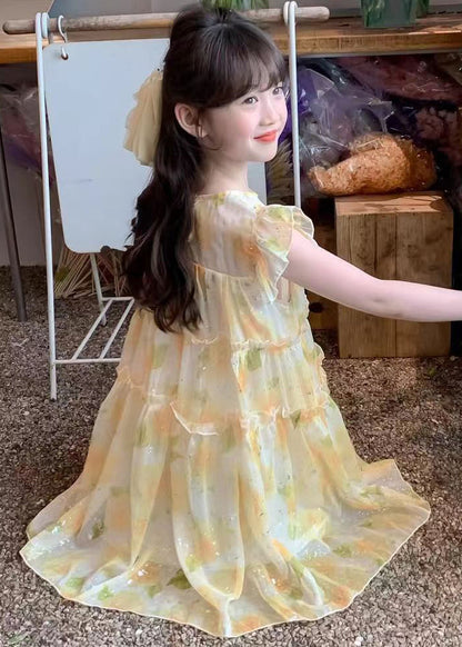 Yellow O-neck Ruffled Chiffon Long Dress Summer Tt021