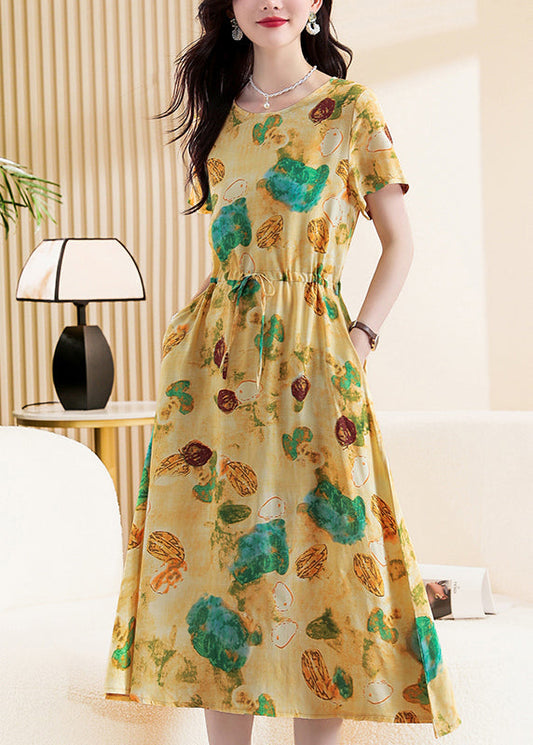 Yellow Print Tie Waist Maxi Dresses Short Sleeve Vb1019