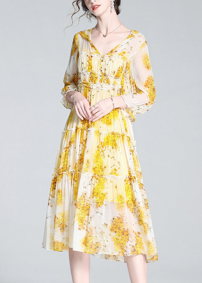 Yellow V Neck Print Patchwork Button Silk Long Dress Ac3064