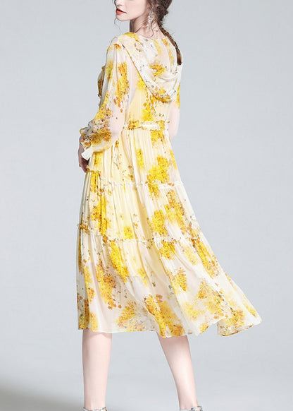 Yellow V Neck Print Patchwork Button Silk Long Dress Ac3064