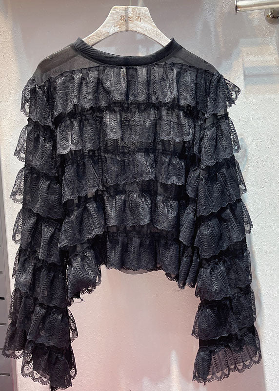 White O Neck Ruffled Layered Patchwork Lace Blouses Long Sleeve