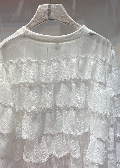 White O Neck Ruffled Layered Patchwork Lace Blouses Long Sleeve