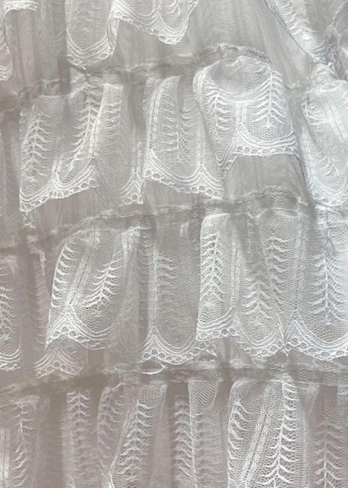 White O Neck Ruffled Layered Patchwork Lace Blouses Long Sleeve