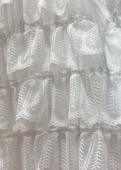 White O Neck Ruffled Layered Patchwork Lace Blouses Long Sleeve