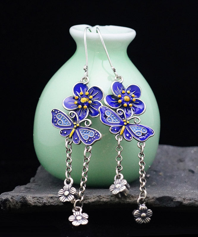 Diy Blue Sterling Silver Butterfly Tassel Drop Earrings