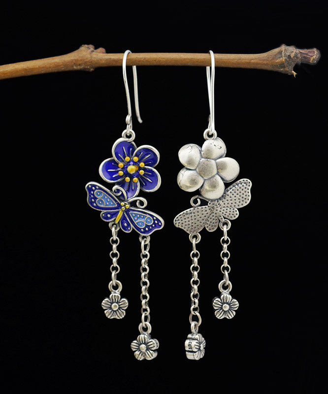 Diy Blue Sterling Silver Butterfly Tassel Drop Earrings