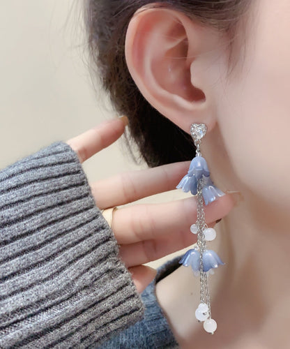 Diy Blue Sterling Silver Zircon Pearl Tassel Drop Earrings