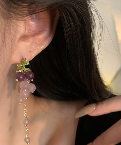 Diy Gold Sterling Silver Overgild Crystal Grape Tassel Drop Earrings