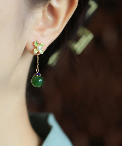 Diy Green Clover Jade Gem Stone Drop Earrings