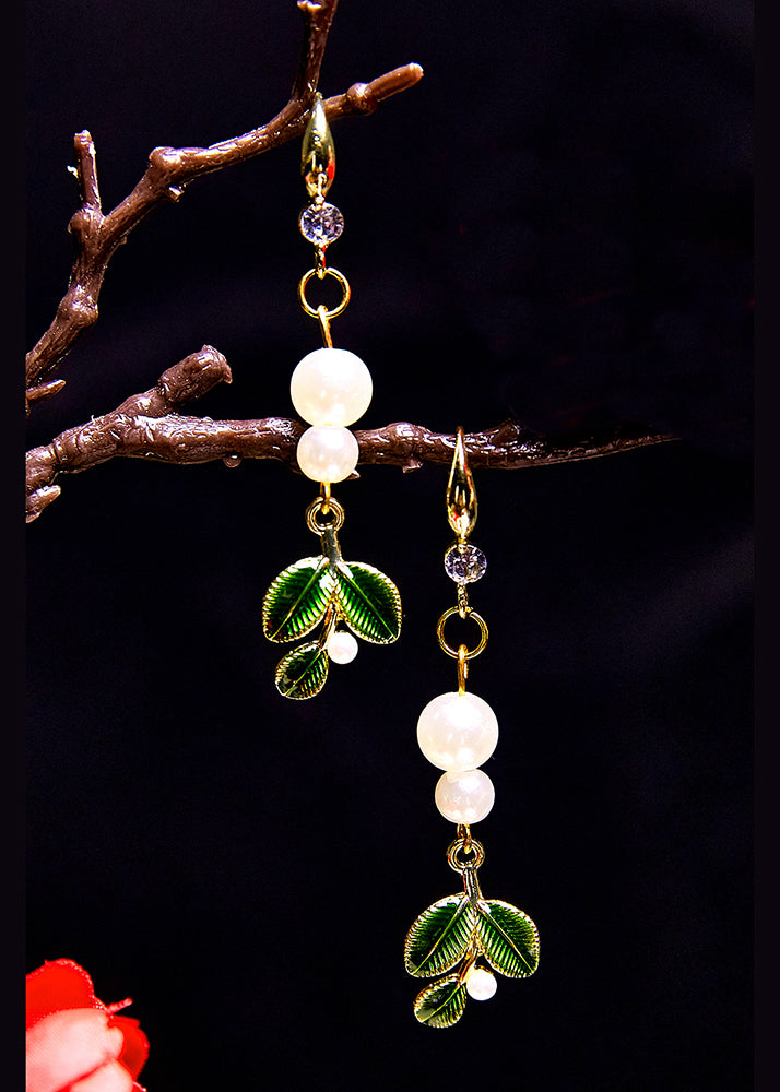 Diy Green Leaf Pearl Zircon Drop Earrings