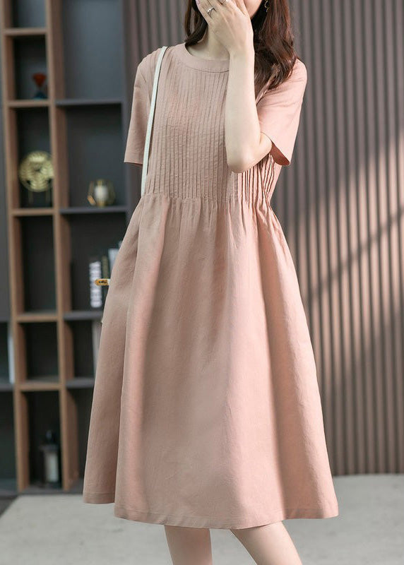 Diy Green O-neck Wrinkled Linen Maxi Dress Short Sleeve Ly1763