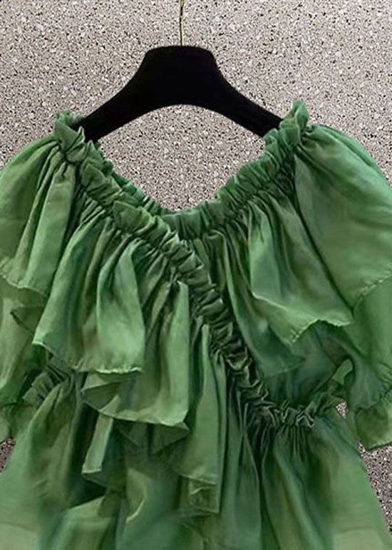 Diy Green Ruffled Patchwork Chiffon Blouses Summer Ly0611