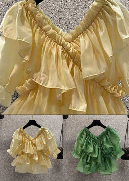 Diy Green Ruffled Patchwork Chiffon Blouses Summer Ly0611
