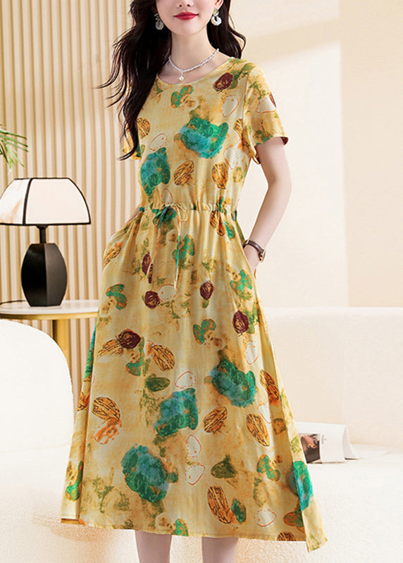 Diy Khaki O-neck Print Tie Waist Maxi Dress Short Sleeve Vb1007