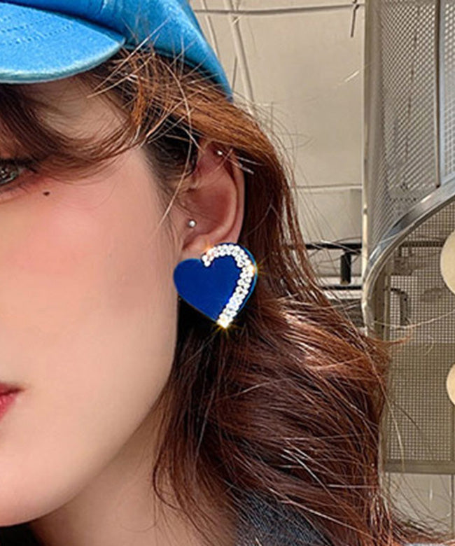 Diy Klein Blue Silver Inlaid Zircon Love Stud Earrings