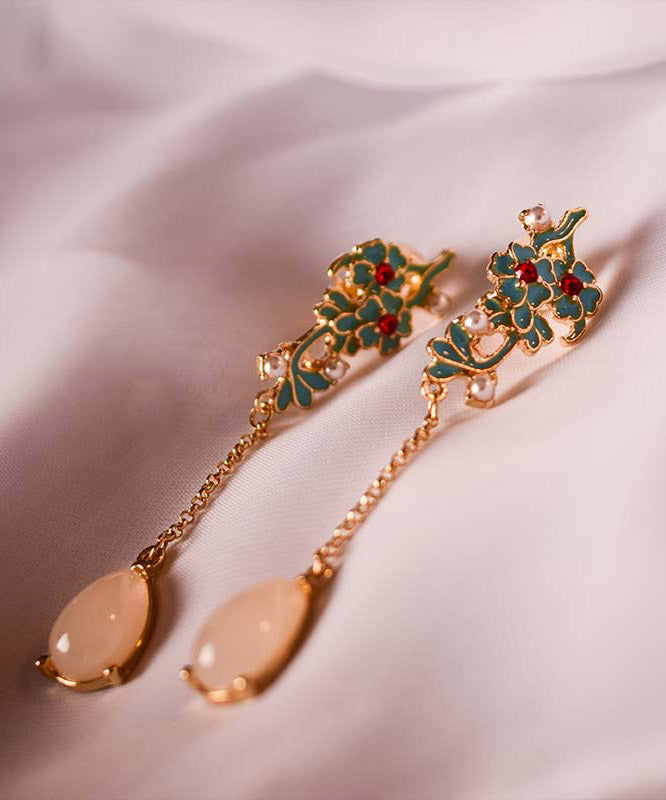 Diy Pink Alloy Oil Drip Resin Pearl Tassel Drop Earrings