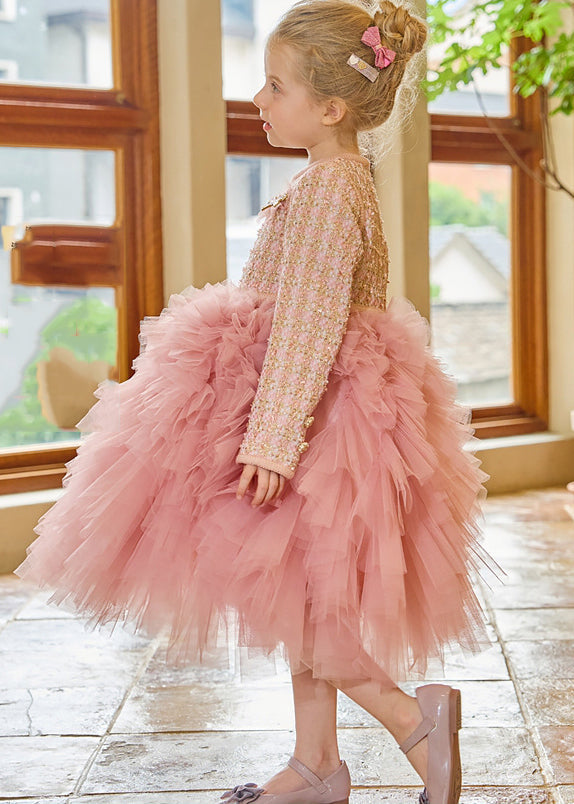 Diy Pink O-neck Tulle Kids Long Dress Winter Rp048
