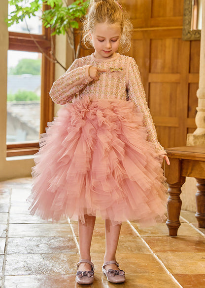 Diy Pink O-neck Tulle Kids Long Dress Winter Rp048