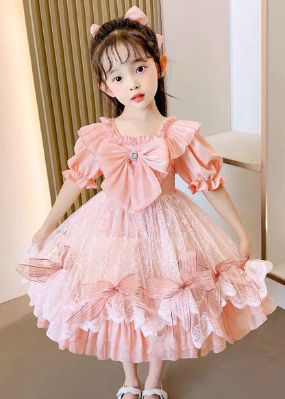 Diy Pink Square Collar Bow Patchwork Tulle Kids Vacation Long Dresses Summer Xz005