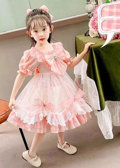 Diy Pink Square Collar Bow Patchwork Tulle Kids Vacation Long Dresses Summer Xz005