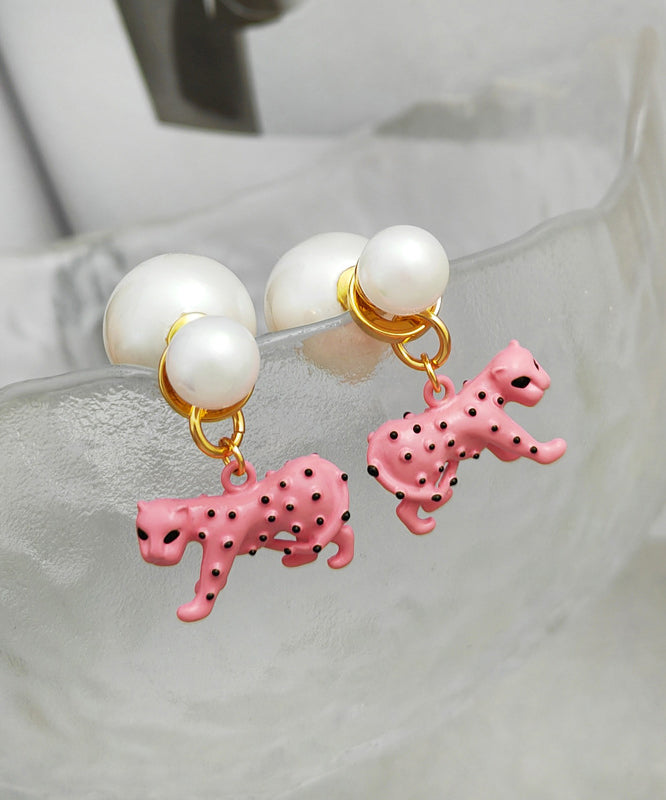 Diy Red Copper Gold Plated Animal Pearl Stud Earrings