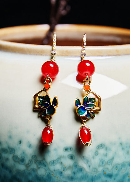 Diy Red Gem Stone Gilding Drop Earrings