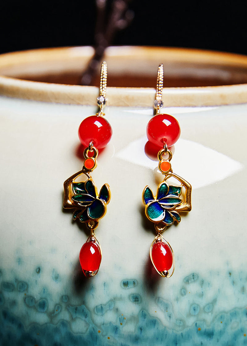 Diy Red Gem Stone Gilding Drop Earrings