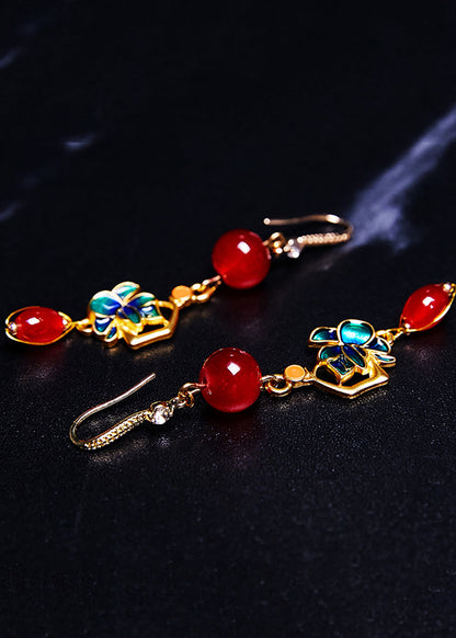 Diy Red Gem Stone Gilding Drop Earrings