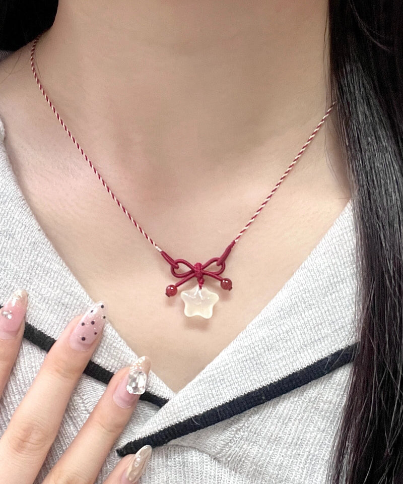 Diy Red Hand Woven Bow Star Pendant Necklace