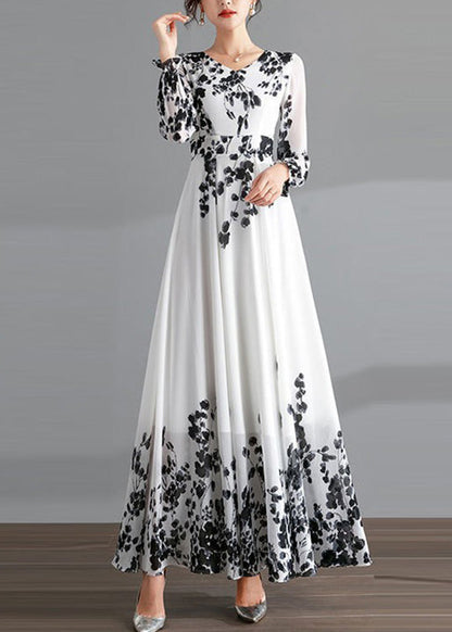 Diy Red O-neck Print Tunic Chiffon Holiday Long Dresses Long Sleeve Ly1737