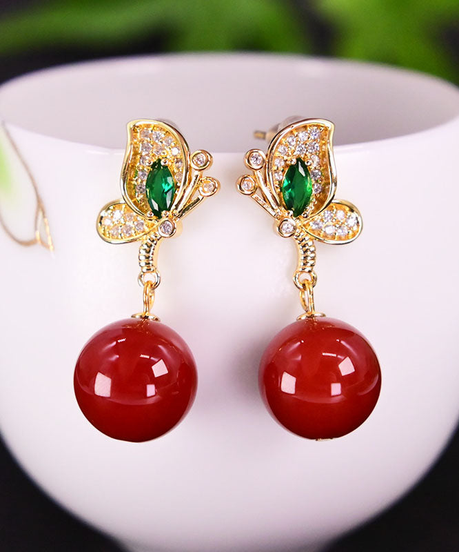 Diy Red Sterling Silver Overgild Agate Butterfly Drop Earrings