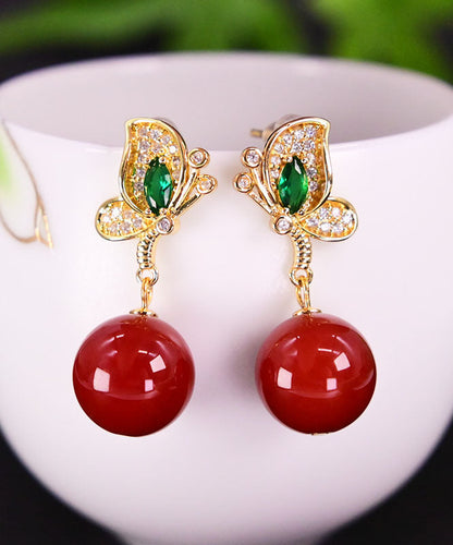 Diy Red Sterling Silver Overgild Agate Butterfly Drop Earrings