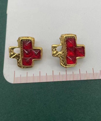 Diy Red Sterling Silver Overgild Crystal Asymmetric Stud Earrings