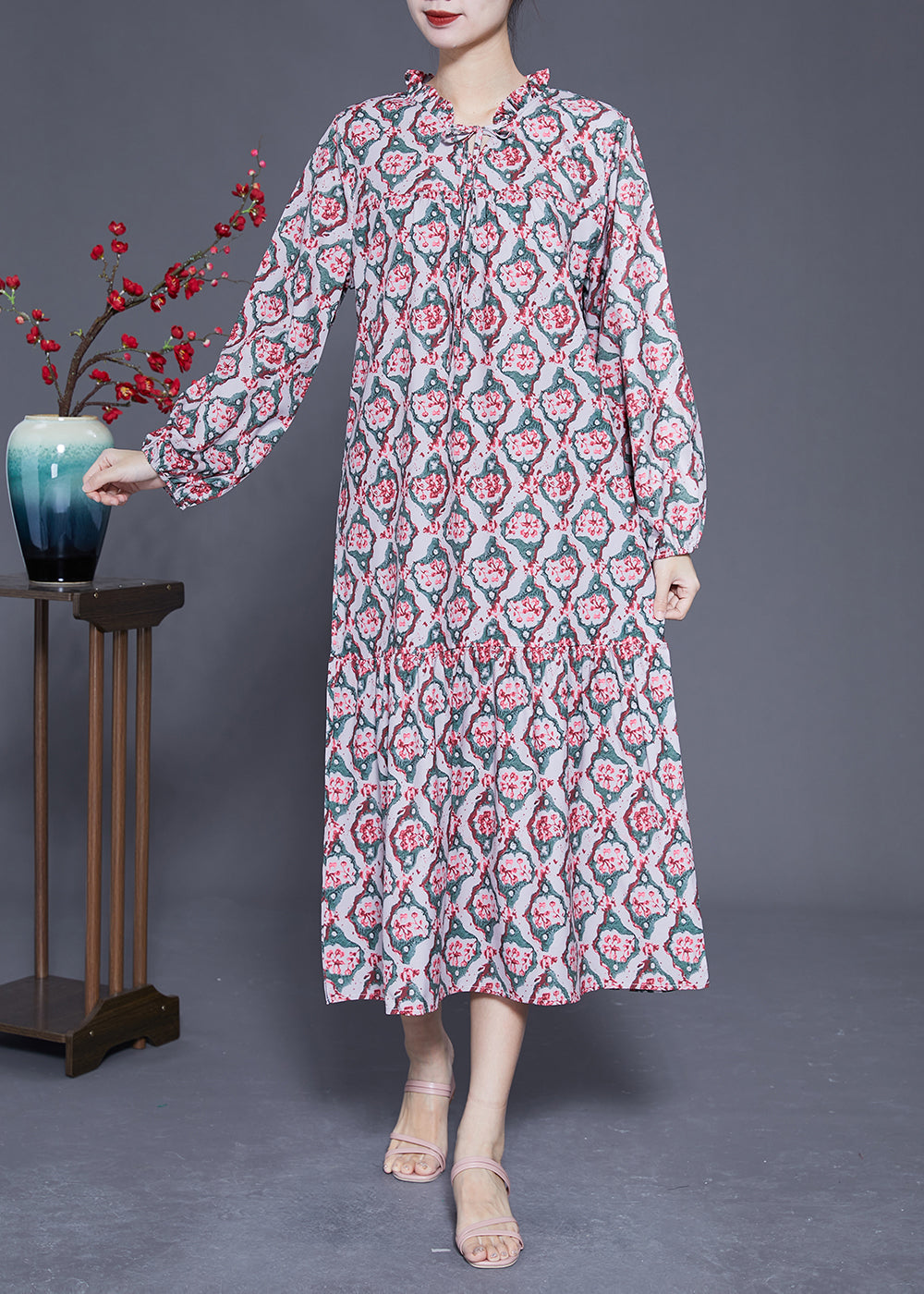 Diy Ruffled Lace Up Print Silk Long Dress Spring Ly1813