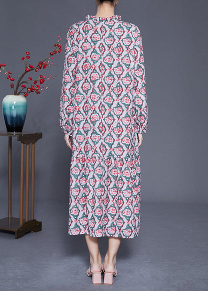 Diy Ruffled Lace Up Print Silk Long Dress Spring Ly1813