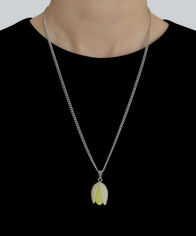 Diy Silk Stainless Steel Resin Pistachios Pendant Necklace Qj019