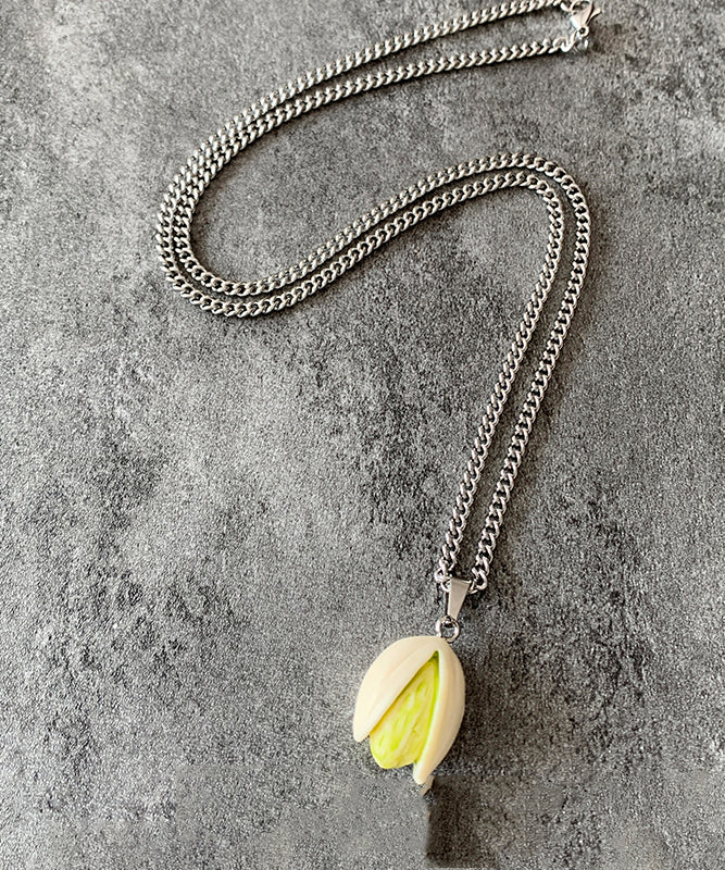 Diy Silk Stainless Steel Resin Pistachios Pendant Necklace Qj019