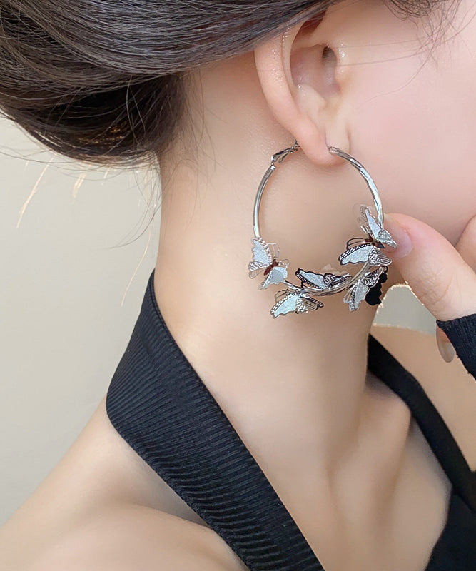 Diy Silk Sterling Silver Butterfly Circular Hoop Earrings