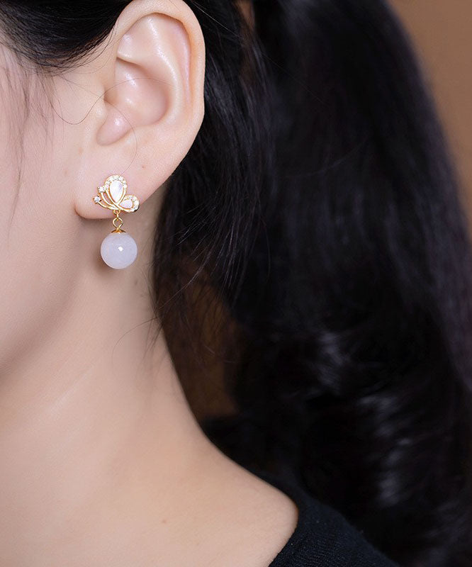 Diy Sterling Silver Jade Butterfly Zircon Drop Earrings