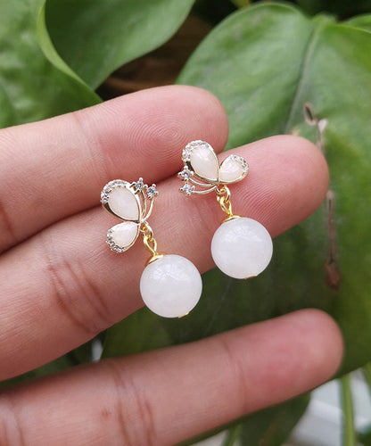 Diy Sterling Silver Jade Butterfly Zircon Drop Earrings