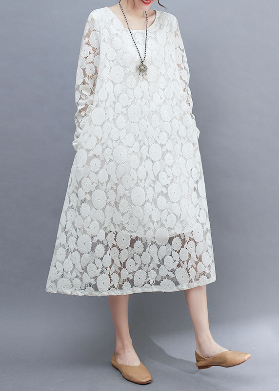Diy White O-neck Lace Long Dresses Long Sleeve Ac2002