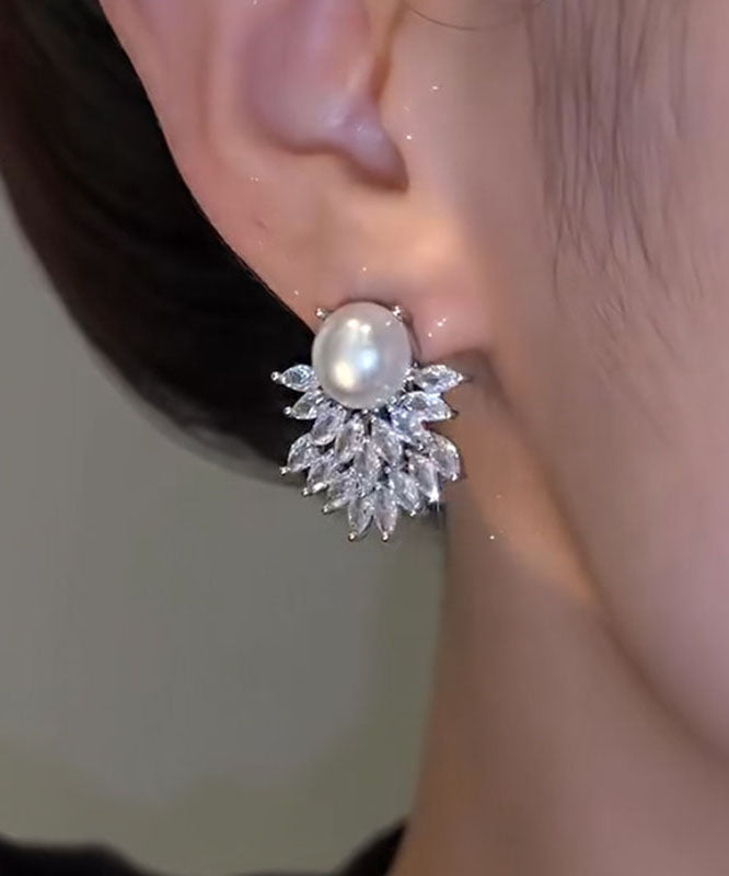 Diy White Sterling Silver Alloy Zircon Pearl Stud Earrings