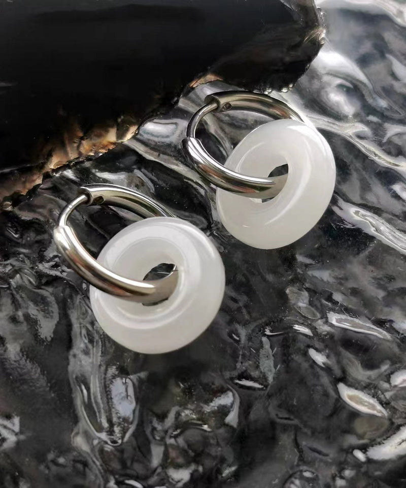 Diy White Sterling Silver Inlaid Jade Hoop Earrings