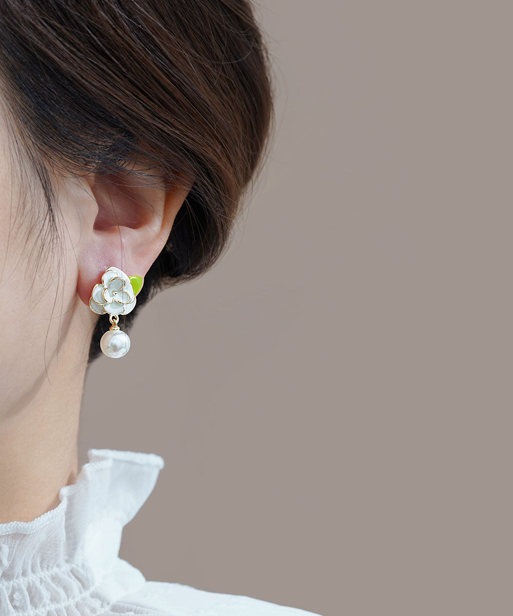 Diy White Sterling Silver Overgild Enamer Pearl Drop Earrings