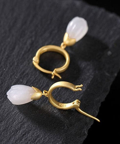 Diy White Sterling Silver Overgild Inlaid Jade Magnolia Flower Drop Earrings