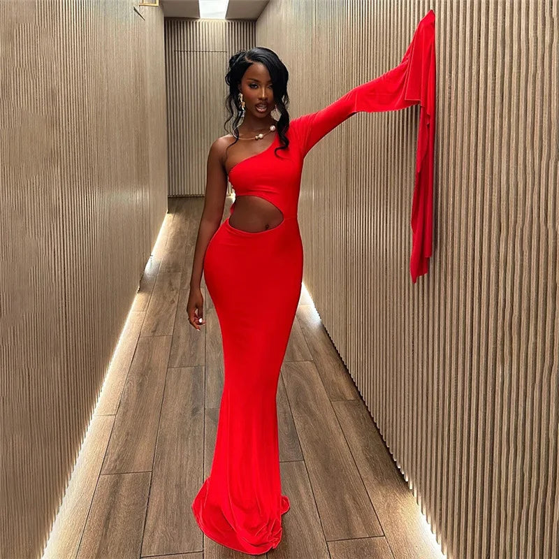 Incline Shoulder Hollow Maxi Dress for Christmas Party