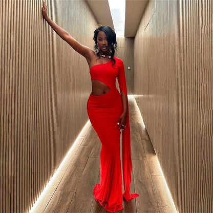 Incline Shoulder Hollow Maxi Dress for Christmas Party