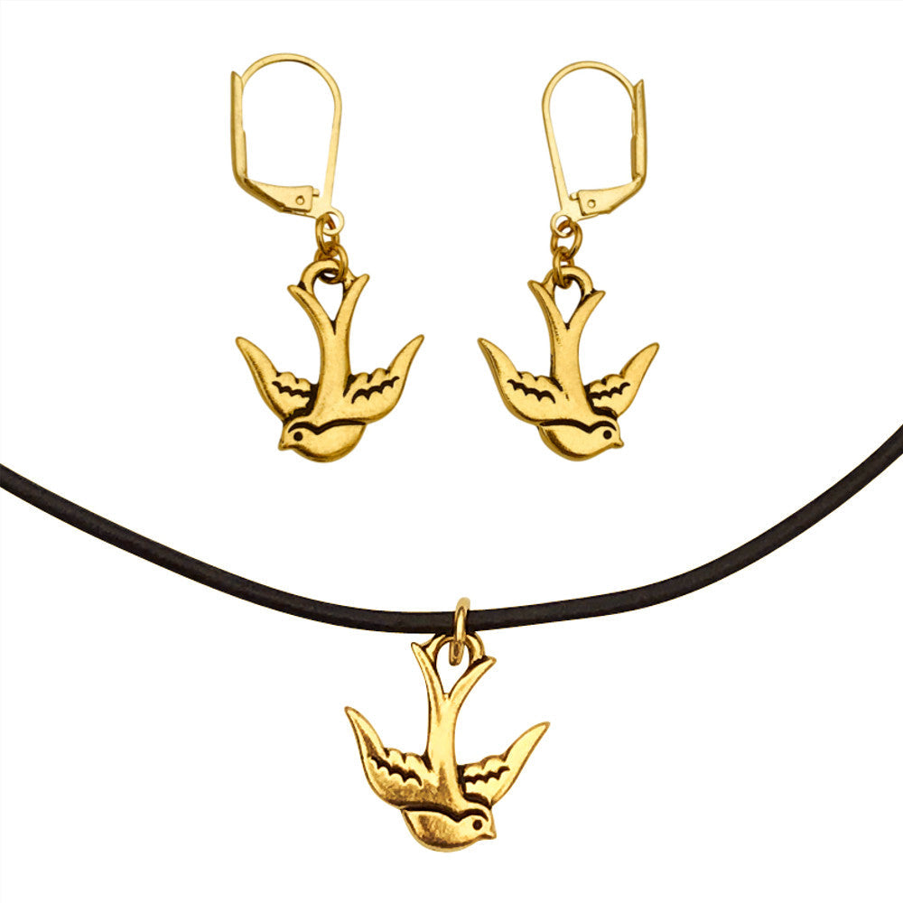 Dragonweave Swallow Bird Charm Necklace and Earring Set, Gold Plated Black Leather Choker and Leverback Earrings